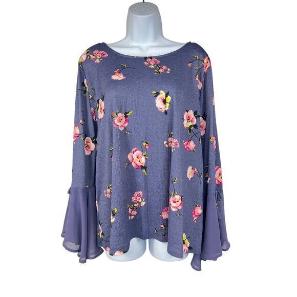 Lauren Conrad Womens Floral Print Bell Sleeve Blouse XL Purple/Pink Polyester - Picture 11 of 12